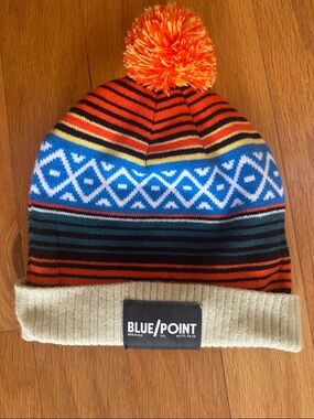 Striped Pom Beanie in Orange, Blue, Cream